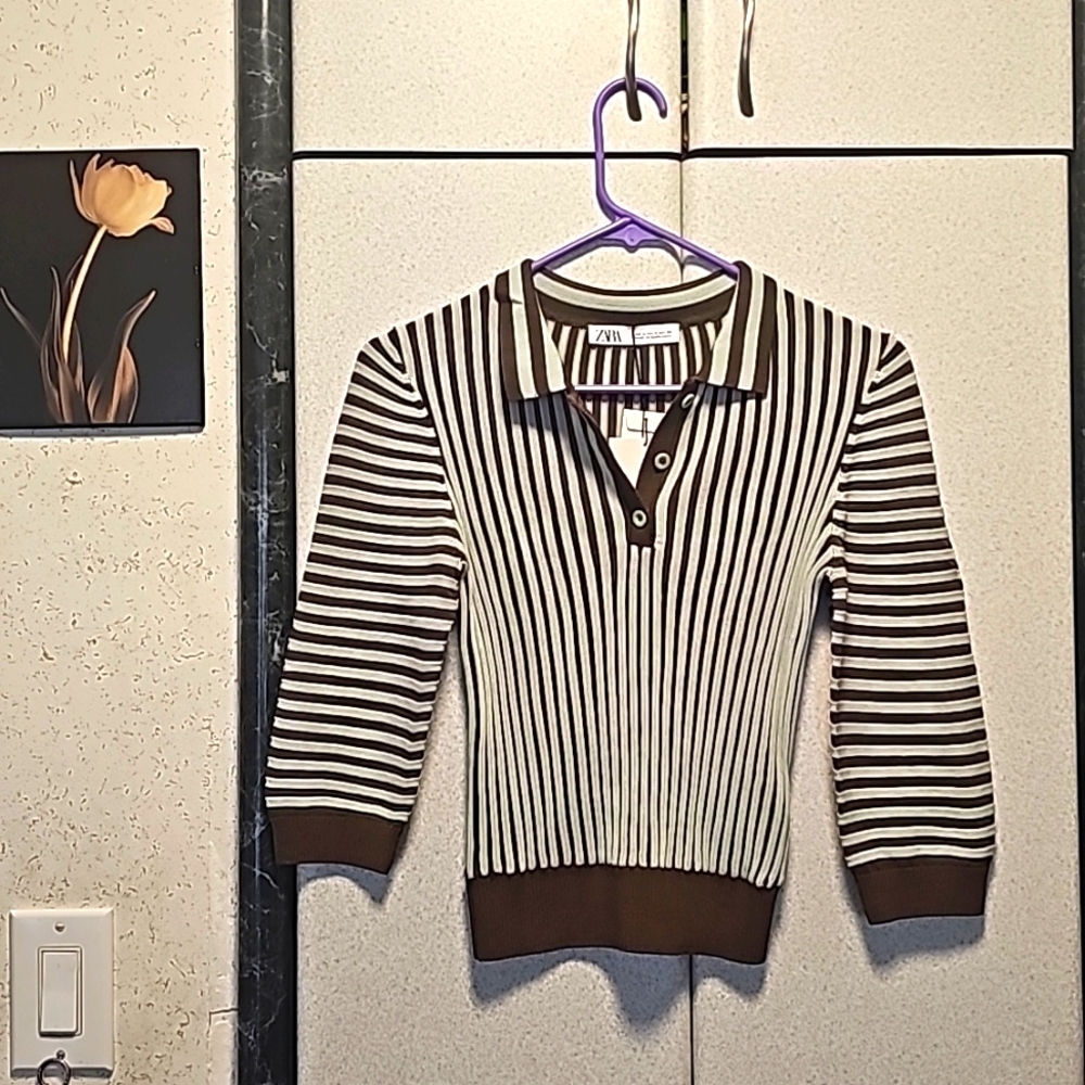 Zara Top, Women's Striped Collared 3 Button Stretchy Rib Knit Polo, S - Picture 2 of 7